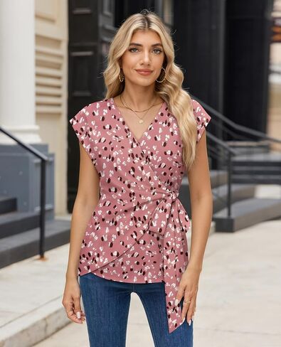 siliteelon Womens Wrap Blouse Dressy Casual V Neck Cap Sleeve Dressy Casual Tops Summer Spring Ruched Waist Shirt in Saudi Arabia