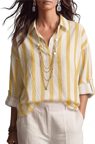 Watashi Women Striped V Neck Henley Shirt Oversized Roll Long Sleeved Collared Blouse Work Office Wear Tops in Saudi Arabia