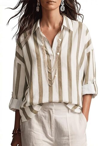Watashi Women Striped V Neck Henley Shirt Oversized Roll Long Sleeved Collared Blouse Work Office Wear Tops in Saudi Arabia