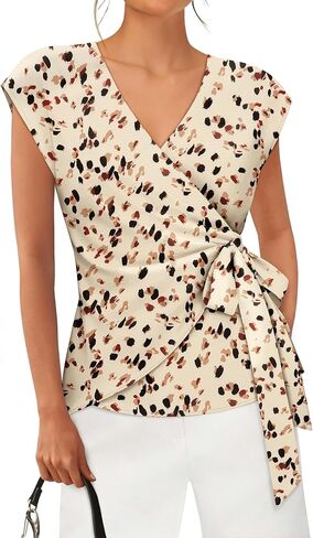siliteelon Womens Wrap Blouse Dressy Casual V Neck Cap Sleeve Dressy Casual Tops Summer Spring Ruched Waist Shirt in Saudi Arabia