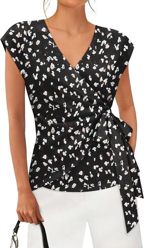 siliteelon Womens Wrap Blouse Dressy Casual V Neck Cap Sleeve Dressy Casual Tops Summer Spring Ruched Waist Shirt in Saudi Arabia
