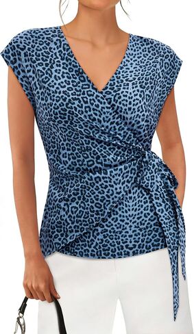 siliteelon Womens Wrap Blouse Dressy Casual V Neck Cap Sleeve Dressy Casual Tops Summer Spring Ruched Waist Shirt in Saudi Arabia