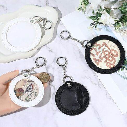 SUNNYCLUE 1 Box 4Pcs Leather Photo Keychain Round Leather Key Chains Blanks Bulk PU Black White Personalized Badges Picture Insert Storge Keyring for Women Car Doors Supplies DIY Bag Findings Adults in Kuwait