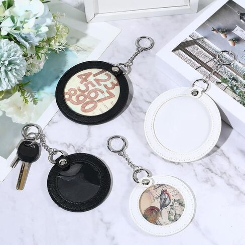 SUNNYCLUE 1 Box 4Pcs Leather Photo Keychain Round Leather Key Chains Blanks Bulk PU Black White Personalized Badges Picture Insert Storge Keyring for Women Car Doors Supplies DIY Bag Findings Adults in Kuwait