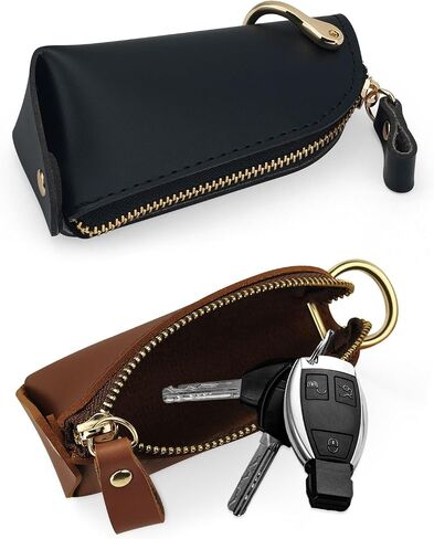 LELE LIFE 2 Pack Car Key Fob Case, Portable Car Key Cover Holder Leather Zipper Pouch Wallet Case Organizer Protector Keychain for Men Women, Black and Brown in Saudi Arabia