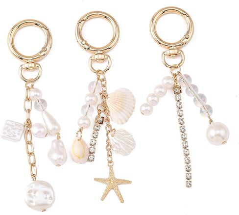 Gold-Toned 3-Piece Starfish & Seashell Keychain Set with Pearls and Rhinestones - Cute Beach Theme Bag Charms for Women, Summer Travel Purse Accessories in Saudi Arabia