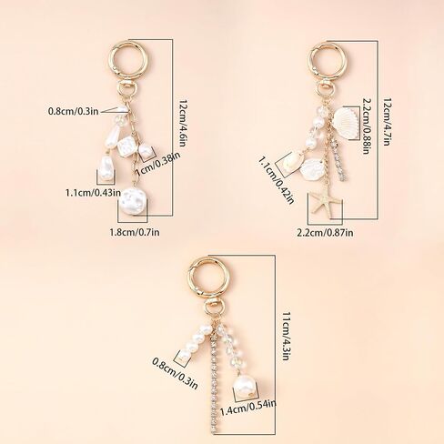 Gold-Toned 3-Piece Starfish & Seashell Keychain Set with Pearls and Rhinestones - Cute Beach Theme Bag Charms for Women, Summer Travel Purse Accessories in Saudi Arabia