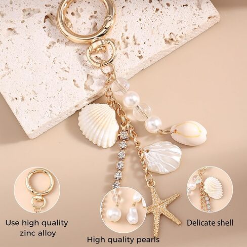 Gold-Toned 3-Piece Starfish & Seashell Keychain Set with Pearls and Rhinestones - Cute Beach Theme Bag Charms for Women, Summer Travel Purse Accessories in Saudi Arabia