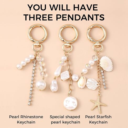 Gold-Toned 3-Piece Starfish & Seashell Keychain Set with Pearls and Rhinestones - Cute Beach Theme Bag Charms for Women, Summer Travel Purse Accessories in Saudi Arabia