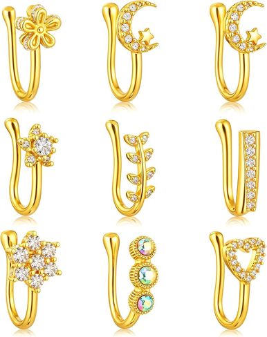9Pcs Clip on Nose Ring, African Gold Nose Cuffs with Rhinestones Fake Noses Ring Clip Non Piercing Jewelry for Women Men in Saudi Arabia