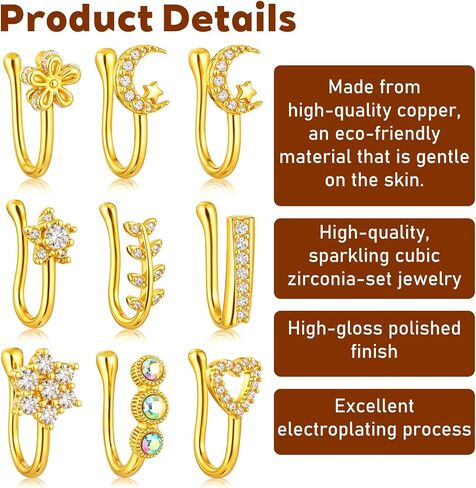 9Pcs Clip on Nose Ring, African Gold Nose Cuffs with Rhinestones Fake Noses Ring Clip Non Piercing Jewelry for Women Men in Saudi Arabia