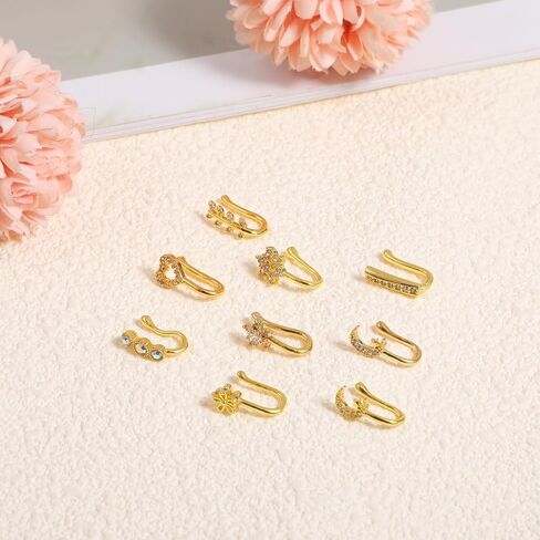 9Pcs Clip on Nose Ring, African Gold Nose Cuffs with Rhinestones Fake Noses Ring Clip Non Piercing Jewelry for Women Men in Saudi Arabia