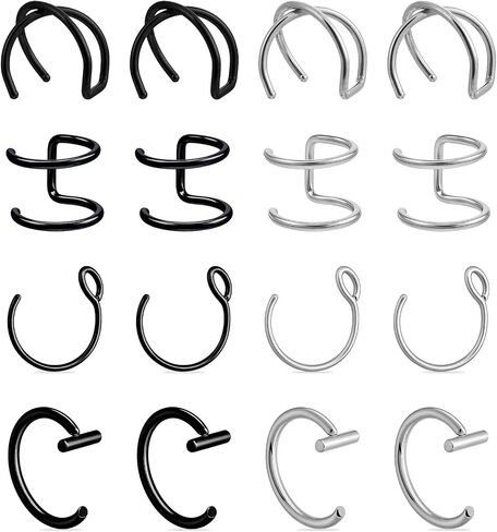 Fake Lip Piercings, 16 Pcs 8mm Stainless Steel Fake Lip Rings False Lip Piercing Double Cartilage Helix Earrings Ear Cuff for Women Men (Silver, Black) in Saudi Arabia