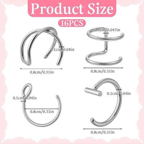 Fake Lip Piercings, 16 Pcs 8mm Stainless Steel Fake Lip Rings False Lip Piercing Double Cartilage Helix Earrings Ear Cuff for Women Men (Silver, Black) in Saudi Arabia