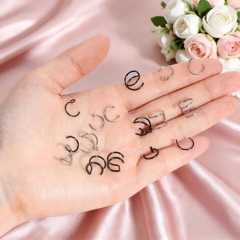 Fake Lip Piercings, 16 Pcs 8mm Stainless Steel Fake Lip Rings False Lip Piercing Double Cartilage Helix Earrings Ear Cuff for Women Men (Silver, Black) in Saudi Arabia