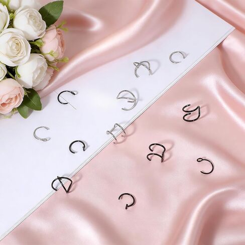 Fake Lip Piercings, 16 Pcs 8mm Stainless Steel Fake Lip Rings False Lip Piercing Double Cartilage Helix Earrings Ear Cuff for Women Men (Silver, Black) in Saudi Arabia