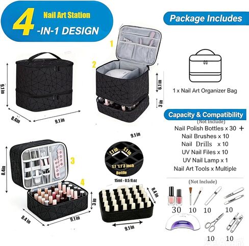 Nail Polish Organizer Bag,9.4"x8.1"x9.4" PU Leather Portable Nail Lamp Storage Carrying Case, 30-Bottle Tray‌ Nail Supply, Gift for Woman Girls, Travel & Home Use in Saudi Arabia