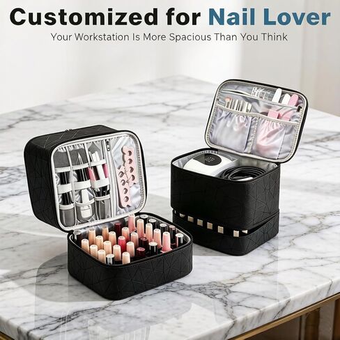 Nail Polish Organizer Bag,9.4"x8.1"x9.4" PU Leather Portable Nail Lamp Storage Carrying Case, 30-Bottle Tray‌ Nail Supply, Gift for Woman Girls, Travel & Home Use in Saudi Arabia