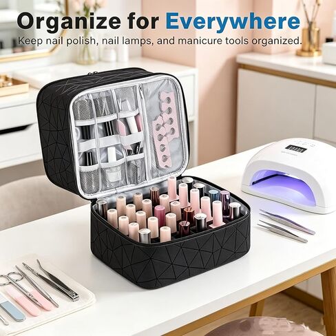 Nail Polish Organizer Bag,9.4"x8.1"x9.4" PU Leather Portable Nail Lamp Storage Carrying Case, 30-Bottle Tray‌ Nail Supply, Gift for Woman Girls, Travel & Home Use in Saudi Arabia