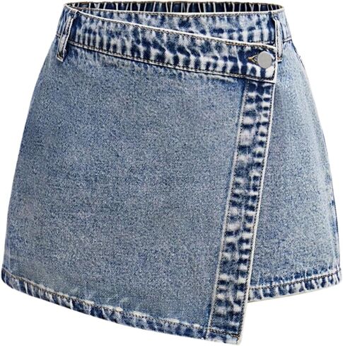 Tween Girls' Denim Skirts Casual Elastic Waist Asymmetric A-Line Hem Jean Shorts Skirt 12-16Y in Kuwait