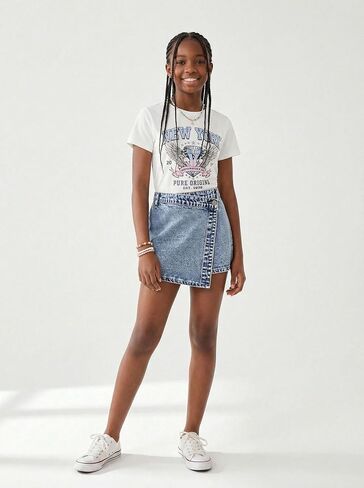 Tween Girls' Denim Skirts Casual Elastic Waist Asymmetric A-Line Hem Jean Shorts Skirt 12-16Y in Kuwait