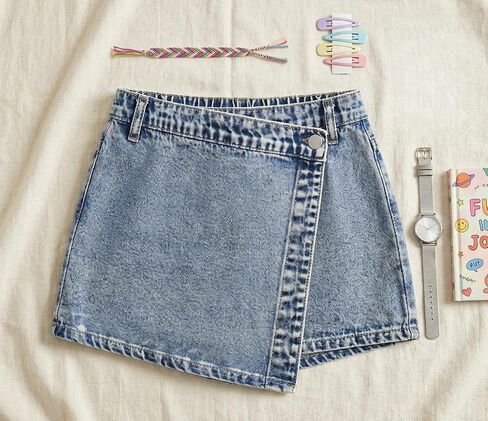 Tween Girls' Denim Skirts Casual Elastic Waist Asymmetric A-Line Hem Jean Shorts Skirt 12-16Y in Kuwait