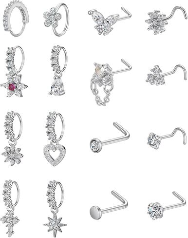 Gold/Silver Nose Rings Stud for Women Men Stainless Steel L Screw Shaped Heart Teardrop Cross Butterfly Flower CZ Dangle Nose Piercing Jewelry Hoops Nose Studs 20G in Saudi Arabia