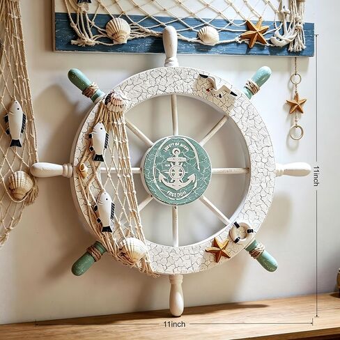 yxyzylzrx Nautical Coastal Wall Sculpture 11 Inch Diameter Handcrafted Wooden Ship Wheel Decor with Shell & Net Accents for Beach Ocean Themed Room Bathroom Living Room Wall Art in Kuwait