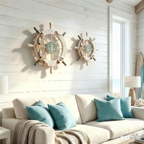yxyzylzrx Nautical Coastal Wall Sculpture 11 Inch Diameter Handcrafted Wooden Ship Wheel Decor with Shell & Net Accents for Beach Ocean Themed Room Bathroom Living Room Wall Art in Kuwait