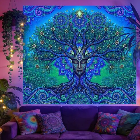 TNKBREEZE Blacklight Tapestry Mandala Tapestries Moon UV Reactive Black Light Wall Art Glow in the Dark for Bedroom Living Room Dorm Party Decor 51.2 x 59.1 In in Saudi Arabia