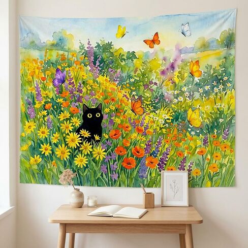 Spenlife Black Cat in Summer Wildflower Garden Tapestry, Whimsical Watercolor Cat and Butterfly Wall Decor, Aesthetic Floral Art for Bedroom (60" x 44") in Saudi Arabia
