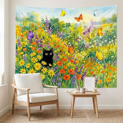 Spenlife Black Cat in Summer Wildflower Garden Tapestry, Whimsical Watercolor Cat and Butterfly Wall Decor, Aesthetic Floral Art for Bedroom (60" x 44") in Saudi Arabia