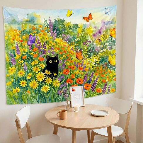 Spenlife Black Cat in Summer Wildflower Garden Tapestry, Whimsical Watercolor Cat and Butterfly Wall Decor, Aesthetic Floral Art for Bedroom (60" x 44") in Saudi Arabia