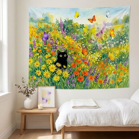 Spenlife Black Cat in Summer Wildflower Garden Tapestry, Whimsical Watercolor Cat and Butterfly Wall Decor, Aesthetic Floral Art for Bedroom (60" x 44") in Saudi Arabia