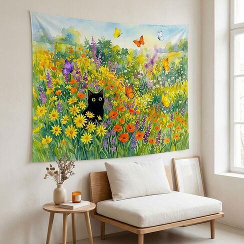 Spenlife Black Cat in Summer Wildflower Garden Tapestry, Whimsical Watercolor Cat and Butterfly Wall Decor, Aesthetic Floral Art for Bedroom (60" x 44") in Saudi Arabia