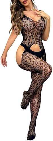 Womens Fishnet Bodystocking Sexy Leopard Mesh Lingerie Bodysuit See Through Bodycon Jumpsuit One Piece Festival Rave Outfits in Saudi Arabia