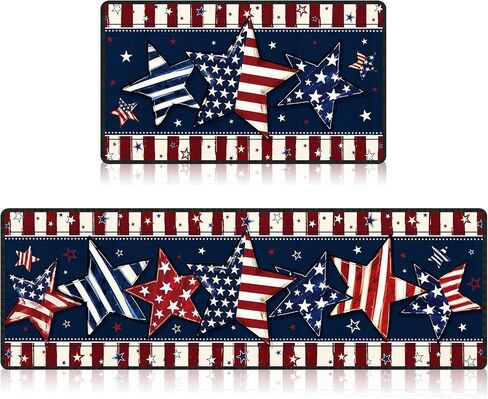 4th of July Patriotic Kitchen Rugs Set of 2, America Stripe Stars Kitchen Mats, Non-Slip Independence Day Carpet Rug for Memorial Day Holiday Indoor Outdoor Home Decorations 17x29 and 17x47 Inch in Kuwait