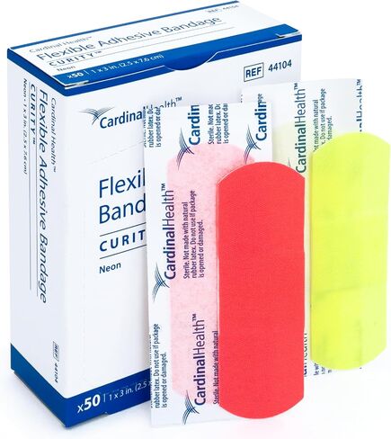 Curity Specialty Neon Fabric Bandage, Heavy‑Duty Flexible Strip 1" x 3" with 1" x 7/8" Pad – Extra‑Long, Durable Adhesive Bandage for Active Use, Latex‑Free, Sterile, 44104 (Box of 50) in Kuwait