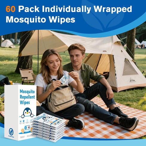 60 PCS Individually Wrapped Mosquito Repellent Wipes, Natural Insect Repellent Wipes Provide 6-8 Hrs Protection, DEET-Free Mosquito Wipes with Travel-Size for Camping, Picnic, BBQ, Travel, Outdoor Use in Kuwait