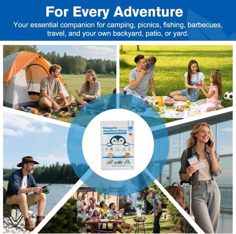 60 PCS Individually Wrapped Mosquito Repellent Wipes, Natural Insect Repellent Wipes Provide 6-8 Hrs Protection, DEET-Free Mosquito Wipes with Travel-Size for Camping, Picnic, BBQ, Travel, Outdoor Use in Kuwait