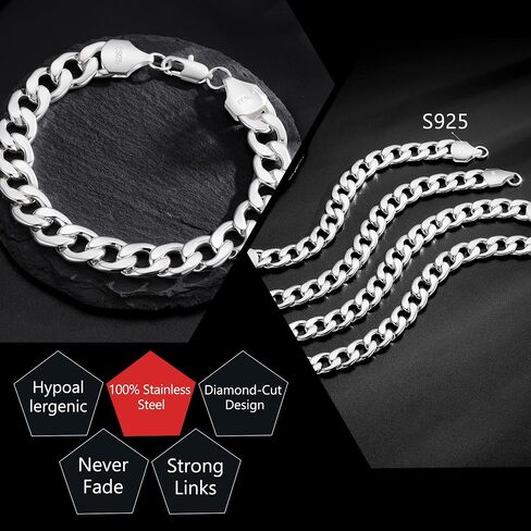S925 Sterling Silver Bracelet for Men - 12MM S925 Sterling Silver Over Cuban Chain Bracelet Diamond Cut Silver Bracelets Gifts for Men 7.5/8/8.5/9Inch in Saudi Arabia