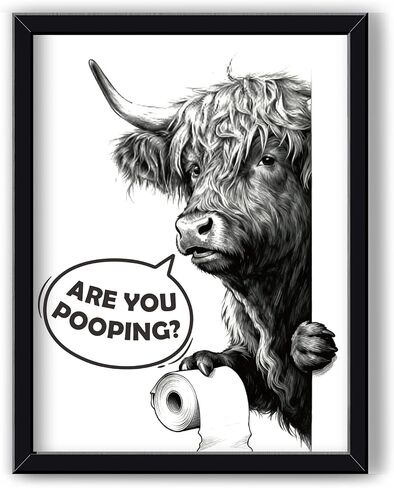 MSJGA Funny Highland Cow Bathroom Decor - “Are You Pooping?" Sign, Rustic Farmhouse Wall Art with Cute Animal Canvas Art for Restroom - Black Framed Cow Pictures Wall Decor Ready to Hang 12"x15" in Saudi Arabia