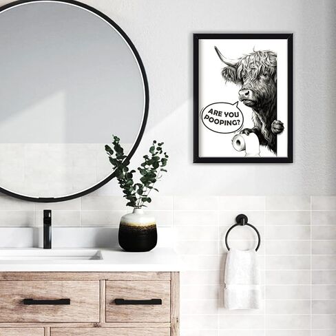 MSJGA Funny Highland Cow Bathroom Decor - “Are You Pooping?" Sign, Rustic Farmhouse Wall Art with Cute Animal Canvas Art for Restroom - Black Framed Cow Pictures Wall Decor Ready to Hang 12"x15" in Saudi Arabia