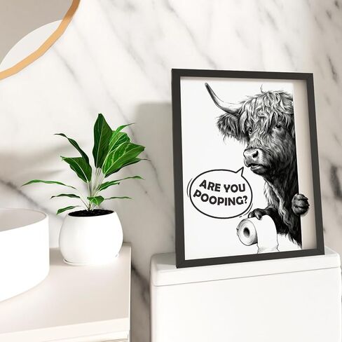 MSJGA Funny Highland Cow Bathroom Decor - “Are You Pooping?" Sign, Rustic Farmhouse Wall Art with Cute Animal Canvas Art for Restroom - Black Framed Cow Pictures Wall Decor Ready to Hang 12"x15" in Saudi Arabia