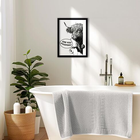 MSJGA Funny Highland Cow Bathroom Decor - “Are You Pooping?" Sign, Rustic Farmhouse Wall Art with Cute Animal Canvas Art for Restroom - Black Framed Cow Pictures Wall Decor Ready to Hang 12"x15" in Saudi Arabia