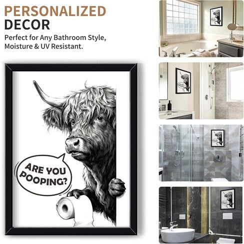 MSJGA Funny Highland Cow Bathroom Decor - “Are You Pooping?" Sign, Rustic Farmhouse Wall Art with Cute Animal Canvas Art for Restroom - Black Framed Cow Pictures Wall Decor Ready to Hang 12"x15" in Saudi Arabia