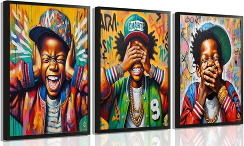 Black Boy Wall Art Hip-Hop Style Painting Pictures Wall Decor African American Boy Posters Prints for Children's Room Home Street Graffiti Decoration 12x16in Unframed in Kuwait