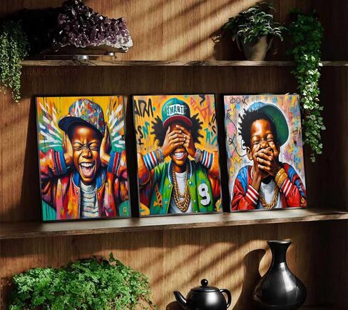 Black Boy Wall Art Hip-Hop Style Painting Pictures Wall Decor African American Boy Posters Prints for Children's Room Home Street Graffiti Decoration 12x16in Unframed in Kuwait