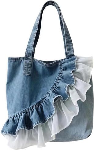 Denim Hobo Bag Lace Ruffle Tote Bag, Cute Lace Patchwork Jeans Purse Slouchy Shoulder Bag For Women, Casual Handbag Daily | Delicate Lace Ruffle in Saudi Arabia