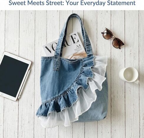 Denim Hobo Bag Lace Ruffle Tote Bag, Cute Lace Patchwork Jeans Purse Slouchy Shoulder Bag For Women, Casual Handbag Daily | Delicate Lace Ruffle in Saudi Arabia